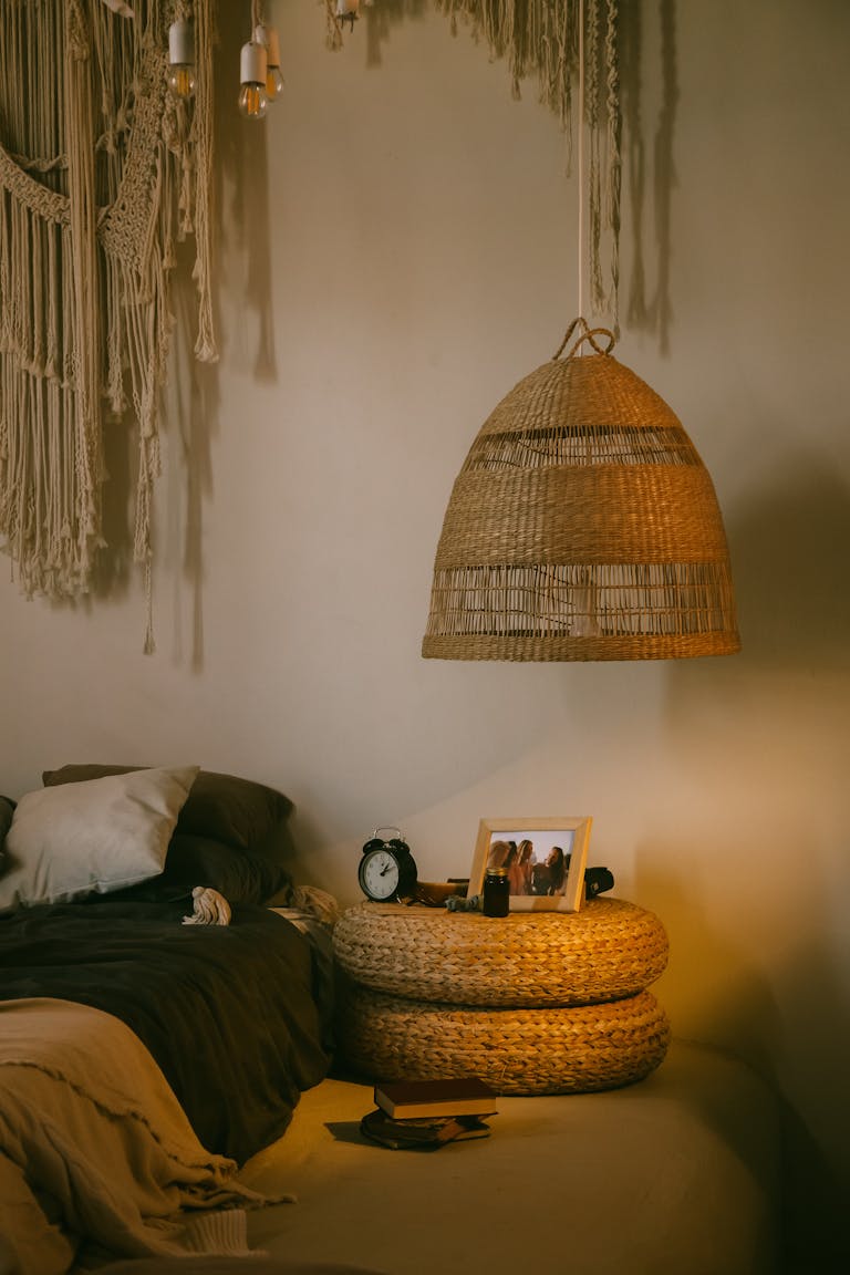 Hanging Lamp over End Table next to Bed