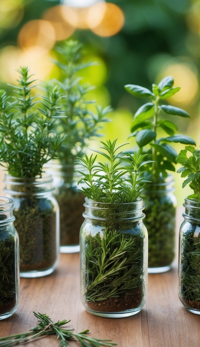 Small herbs growing in glass jars arranged in various creative ways