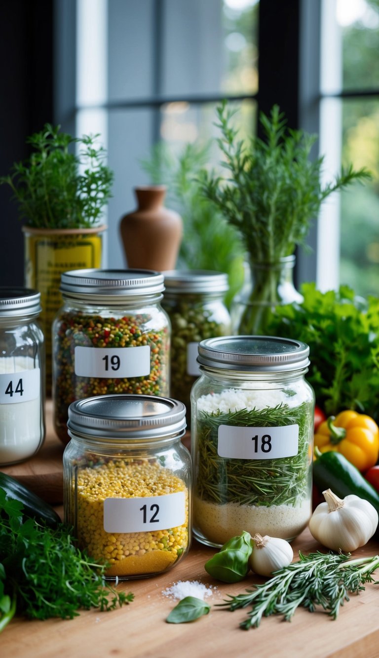 Glass jars filled with various ingredients and labeled with numbers, surrounded by fresh herbs and vegetables