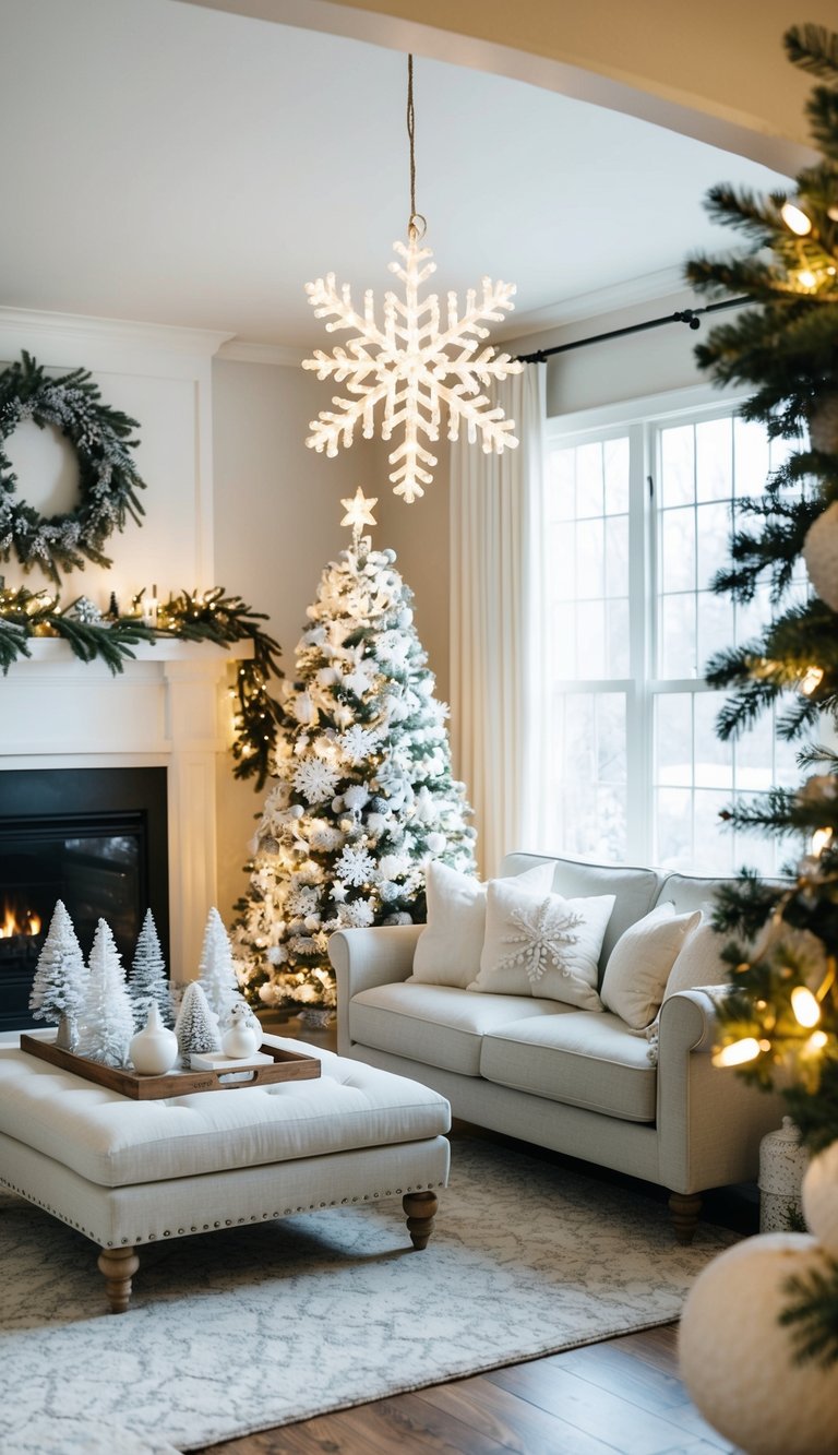 A cozy living room adorned with elegant white Christmas decorations, including twinkling lights, snowflake ornaments, and frosted pine garlands