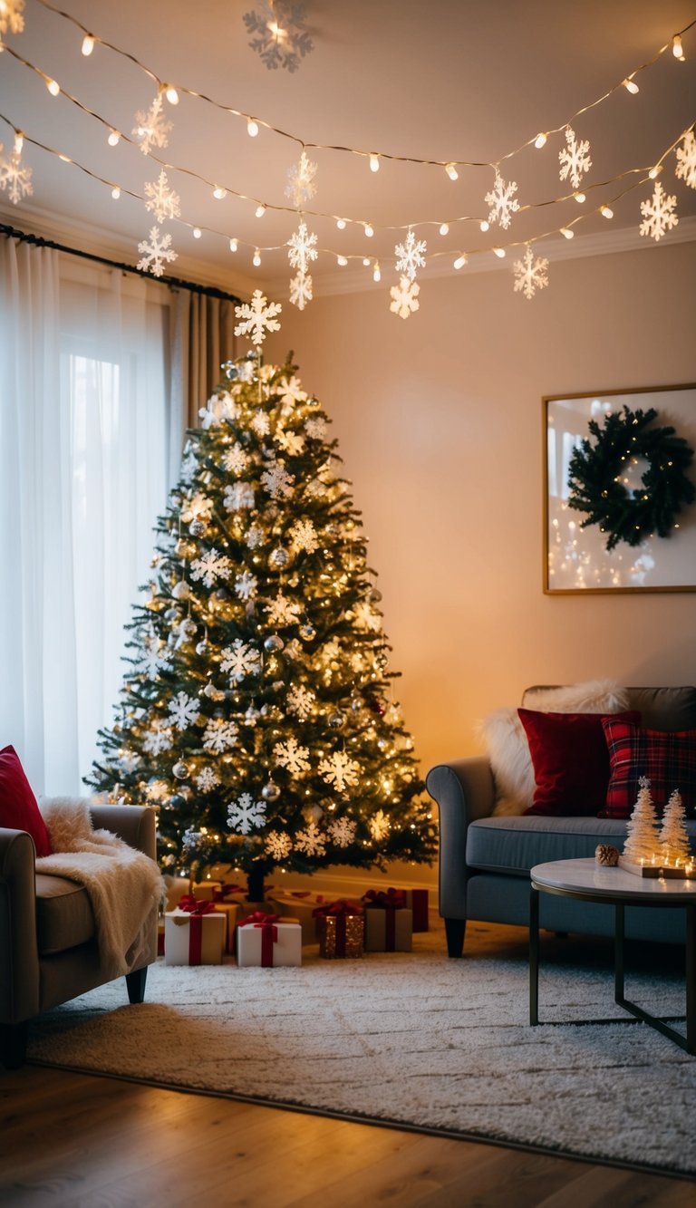 A cozy living room adorned with snowflake string lights, casting a warm glow over a beautifully decorated Christmas tree and festive holiday decor