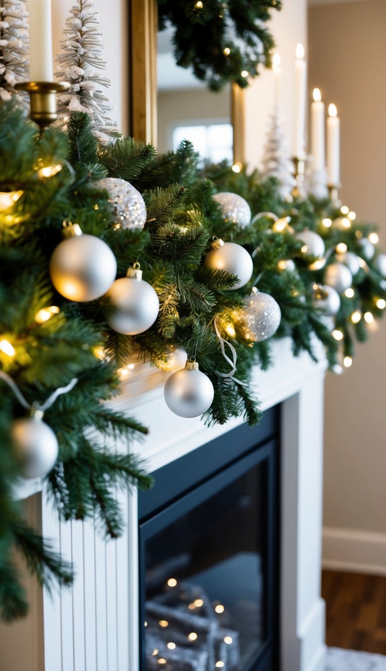 A snowy pine garland draped with twinkling lights and white ornaments adorns a festive fireplace mantle