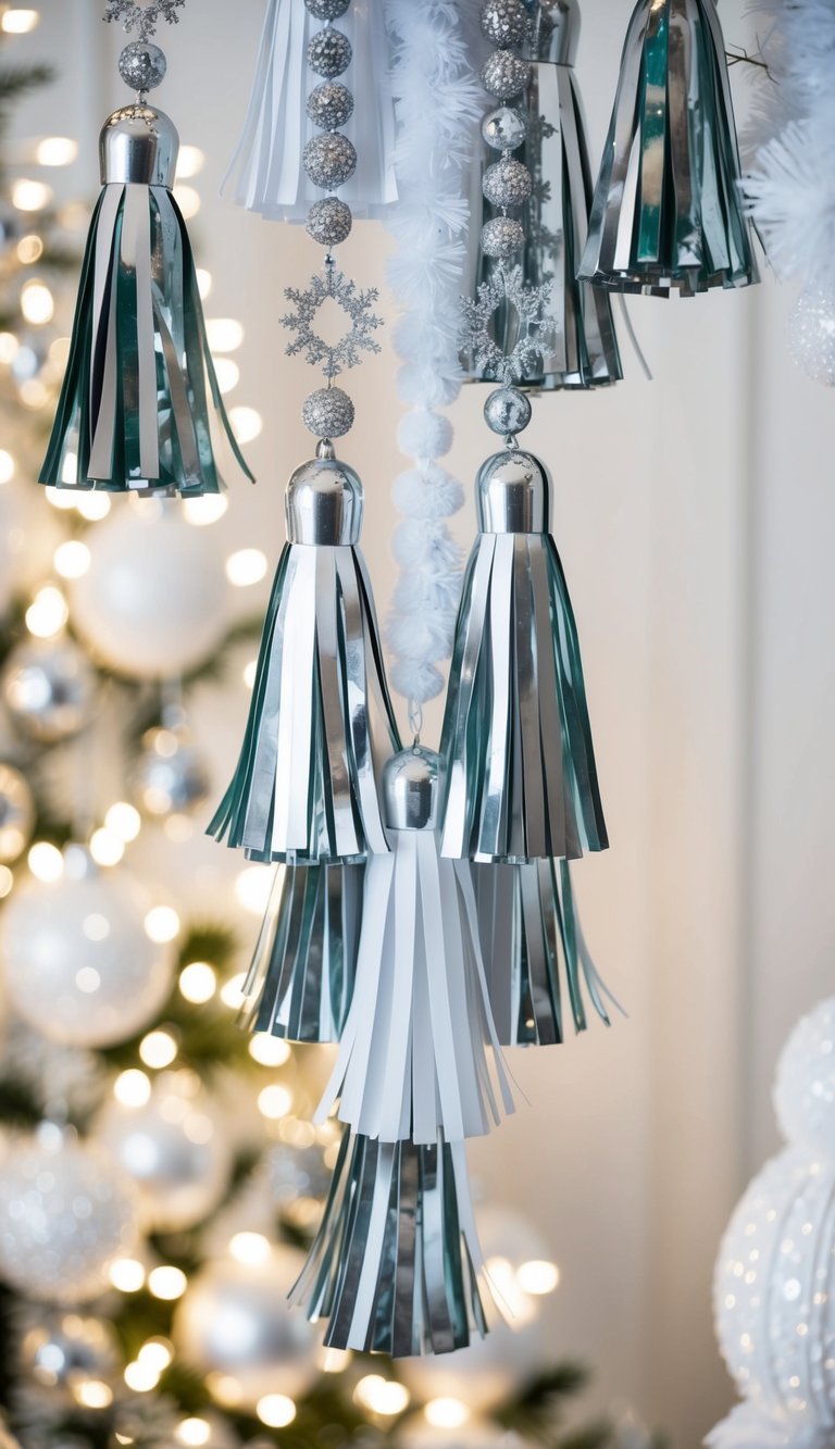 A silver and white tassel garland hangs elegantly amidst a winter wonderland of white Christmas decor