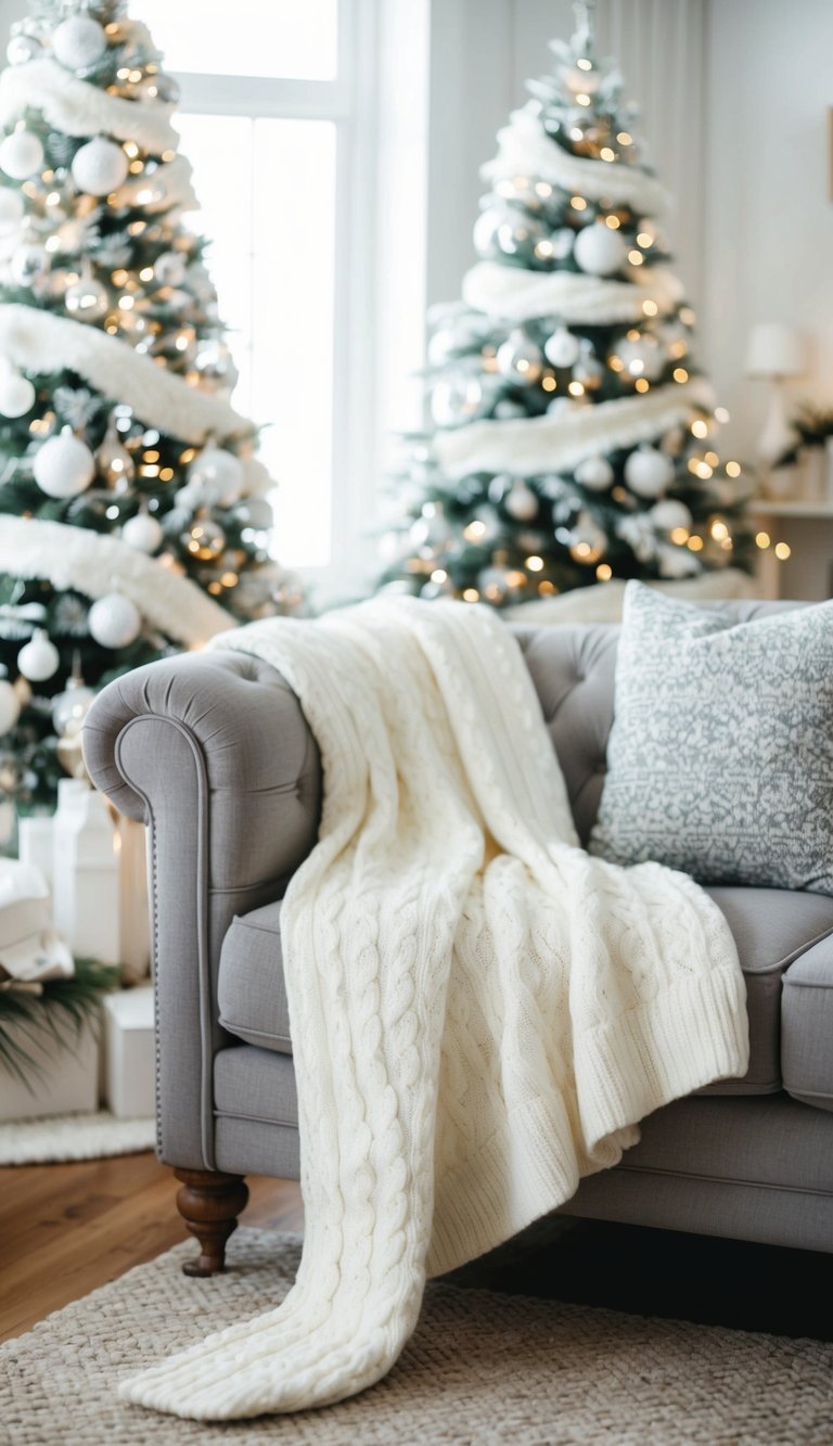 A cozy living room with a white cable knit throw draped over a sofa, surrounded by elegant white Christmas decor