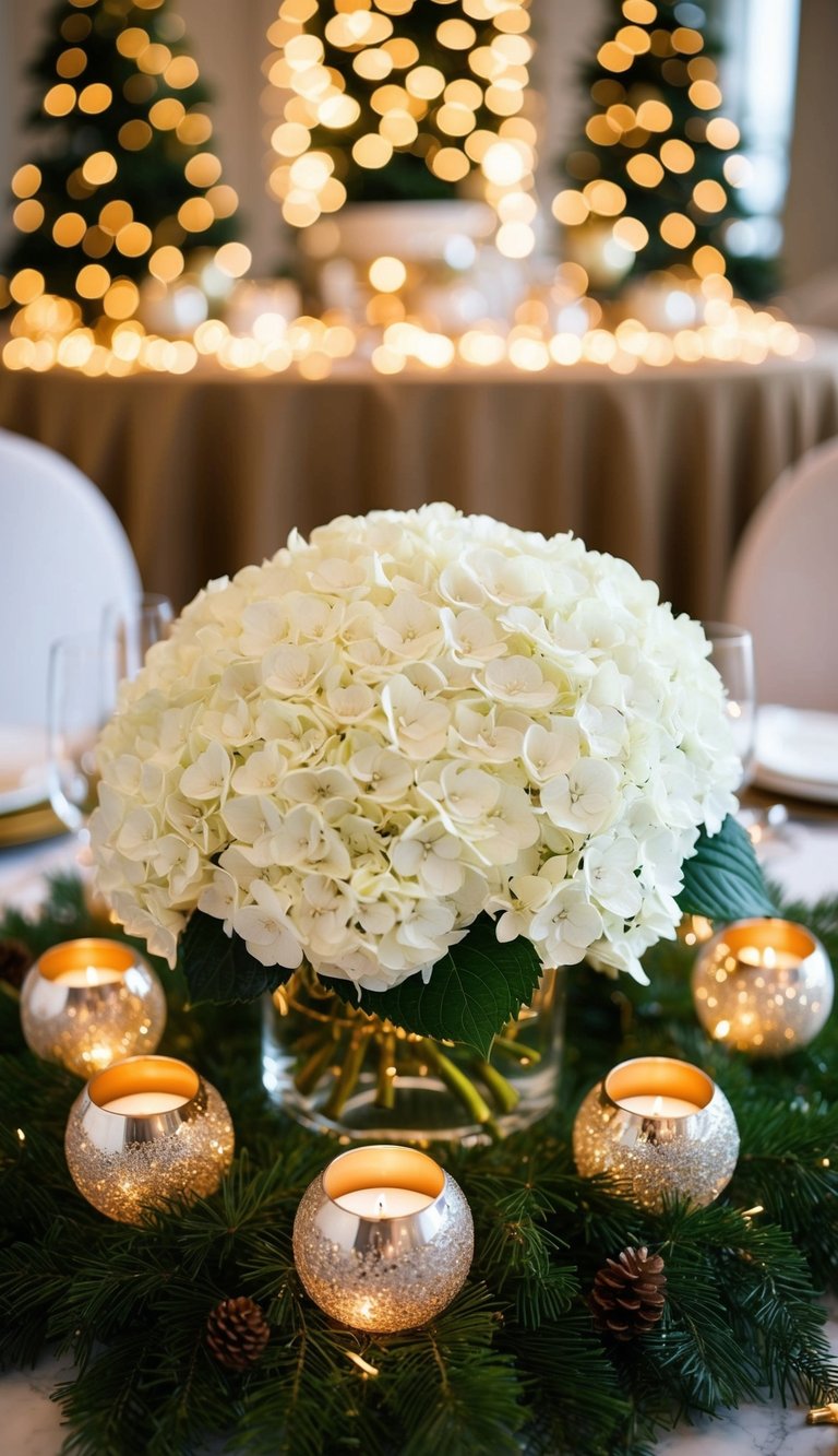 A lush white hydrangea centerpiece surrounded by twinkling Christmas decor