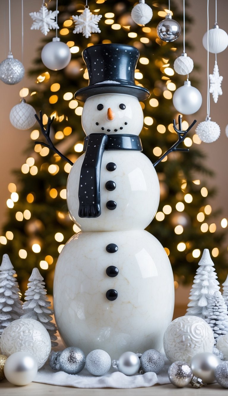 A snowman made of alabaster stands surrounded by 22 white Christmas decor items, creating a magnificent winter scene