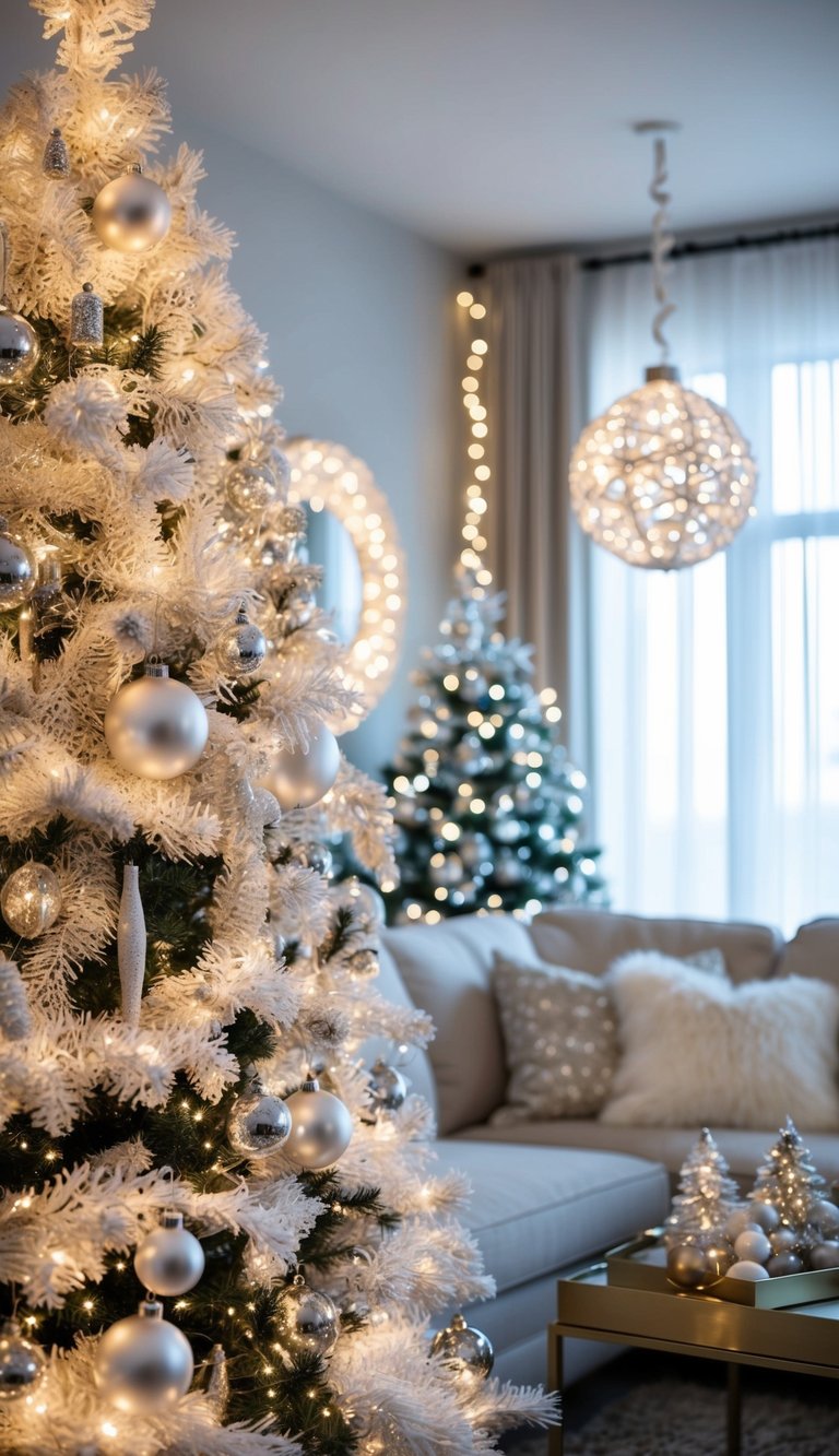 Glistening white Christmas decor adorning a cozy living room with twinkling lights and sparkling ornaments