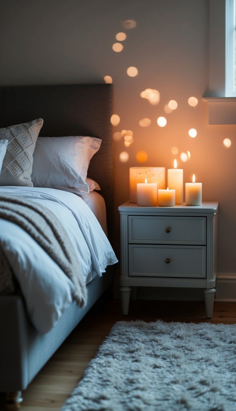 A cozy bedroom with scented candles on a nightstand, casting a warm glow on plush bedding and a soft rug