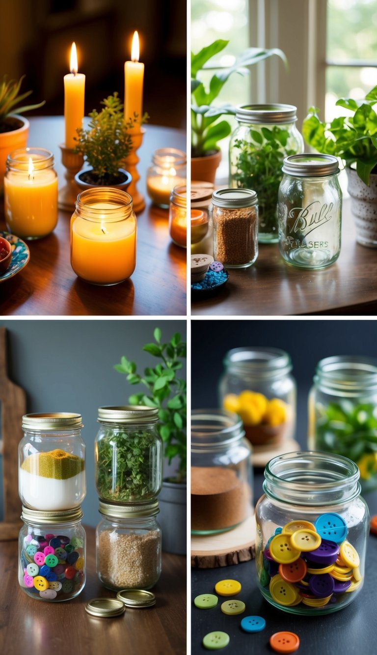 Glass jars arranged in various settings: as candle holders, plant pots, storage containers, and vases. Some are painted or decorated, others filled with colorful items like spices or buttons