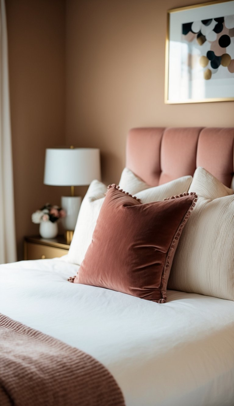 A cozy bedroom with a plush velvet throw pillow on a neatly made bed, soft lighting, and warm color scheme