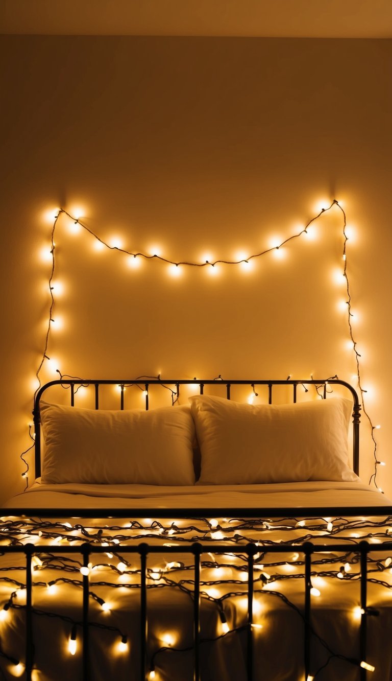 Fairy lights create a warm glow, draped around a bed frame and woven through a headboard, casting a cozy ambiance in the bedroom