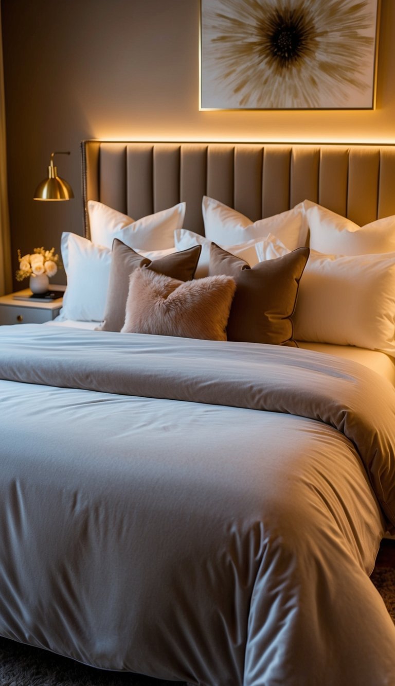 A luxurious duvet covers a plush bed, surrounded by soft pillows and warm lighting, creating a cozy bedroom retreat