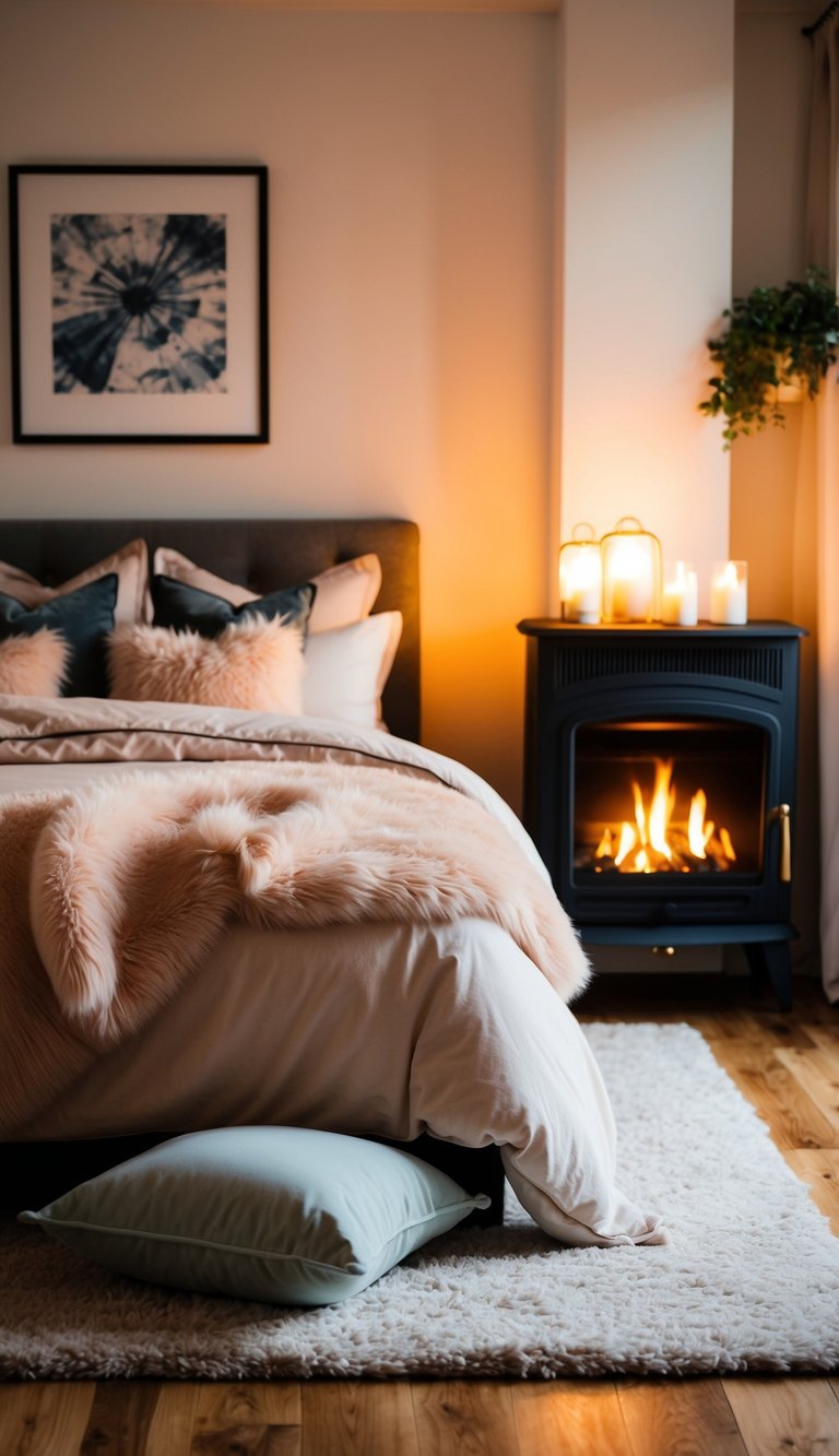 A cozy bedroom with warm lighting, fluffy blankets, soft pillows, a plush rug, and a crackling fireplace