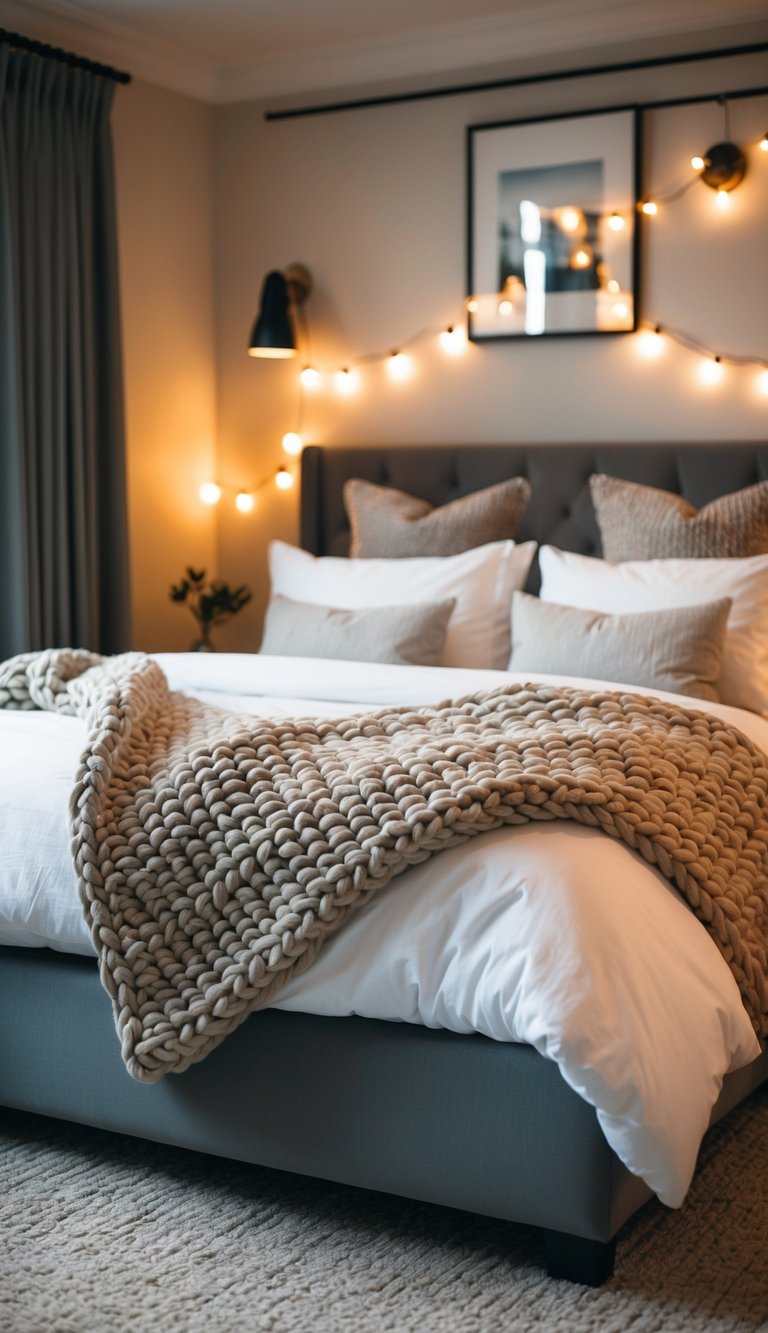 A cozy bedroom with a chunky knit blanket draped over a bed, accompanied by soft pillows and warm lighting