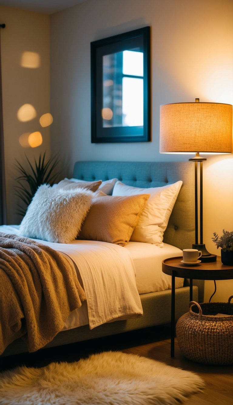 A cozy bedroom with a dimmable lamp casting warm light on a bed with soft blankets, plush pillows, and a fluffy rug on the floor