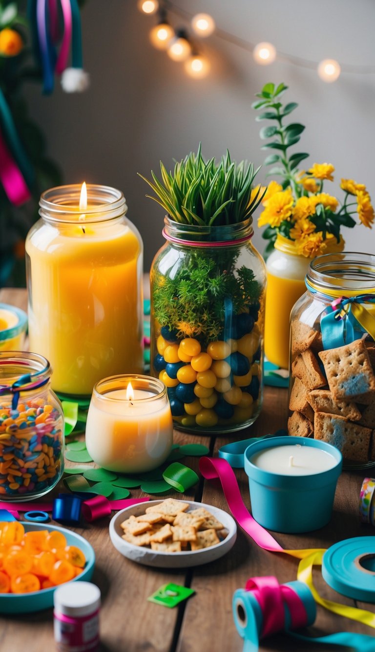 Glass jars filled with candles, plants, and snacks sit on a wooden table, surrounded by colorful ribbons, paint, and craft supplies