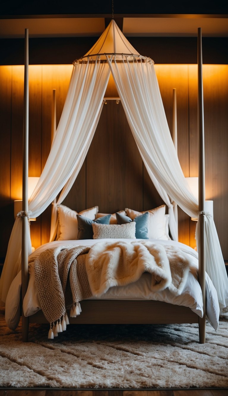 A canopy bed adorned with soft blankets and pillows, surrounded by warm lighting and plush rugs