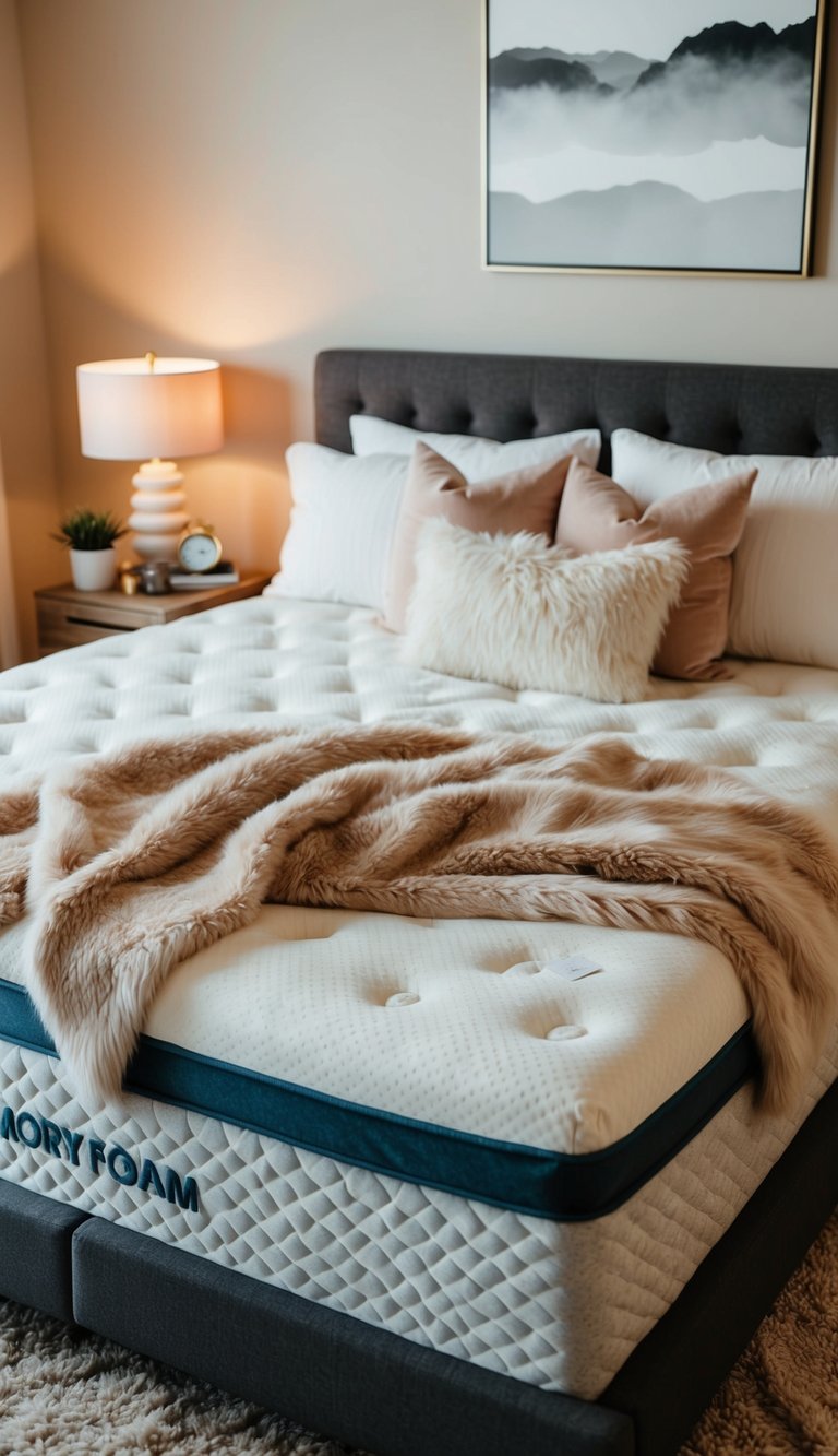 A memory foam mattress surrounded by soft blankets, fluffy pillows, warm lighting, and a plush rug, creating a cozy bedroom retreat