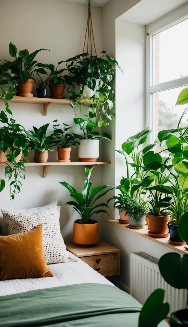 Lush green house plants fill a cozy bedroom, adorning shelves, nightstands, and windowsills, bringing life and warmth to the space