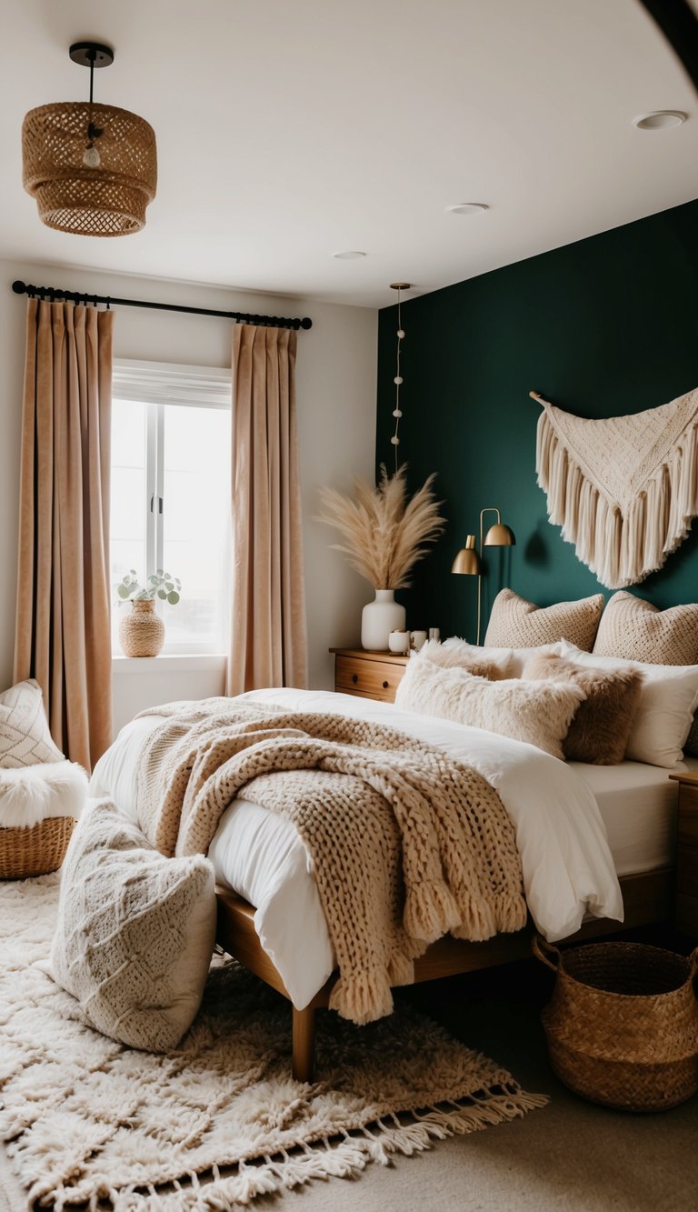 A cozy bedroom with layered textures: knitted blankets, fluffy pillows, soft rugs, velvet curtains, wood furniture, plush bedding, woven baskets, and cozy lighting