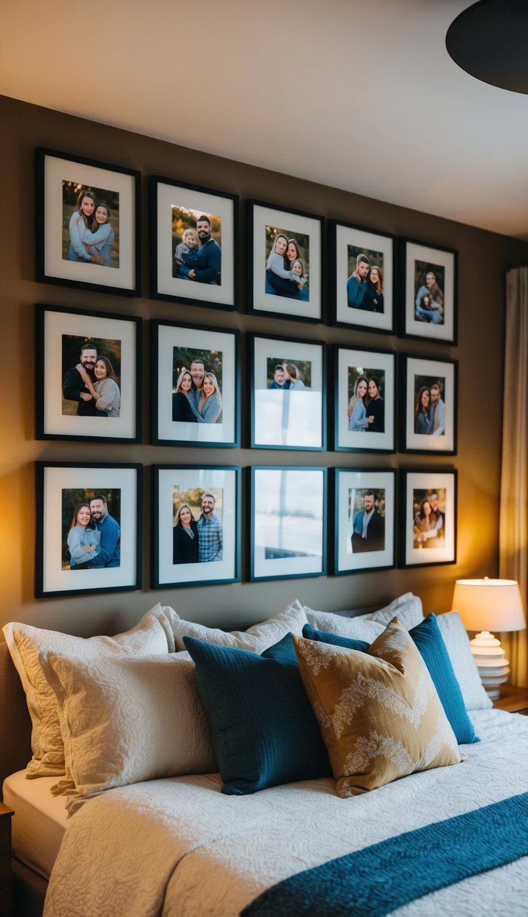 A cozy bedroom with 15 framed personal photos on the wall. Warm lighting, soft bedding, and decorative pillows create a welcoming atmosphere