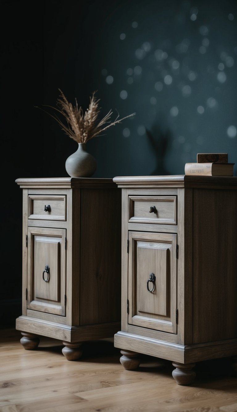 Two distressed oak nightstands in a dark, earthy bedroom