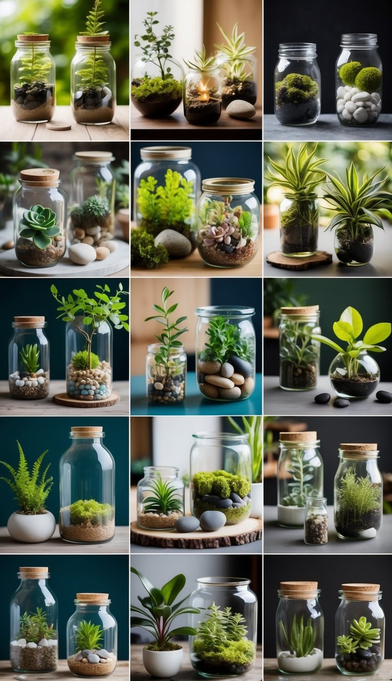 Glass jars filled with various plants, stones, and moss arranged in 17 different terrarium designs