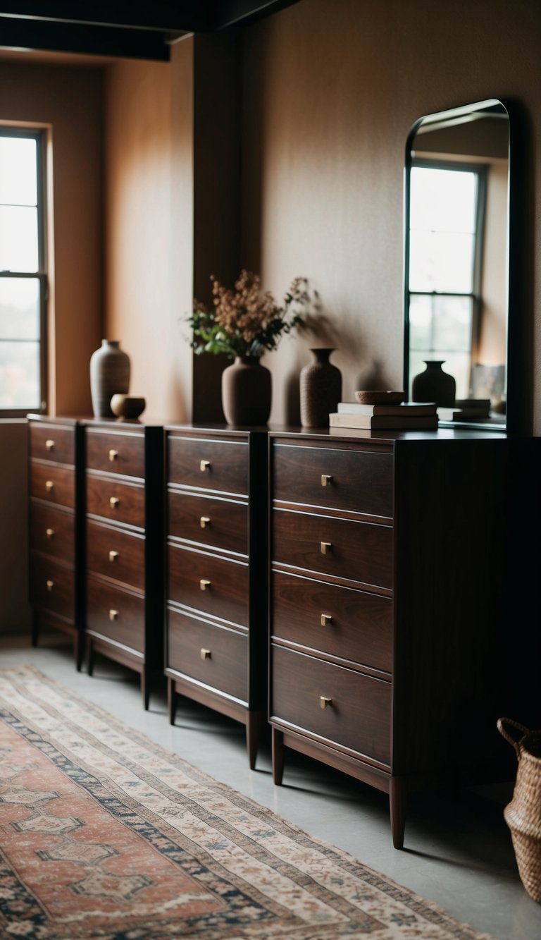 A row of dark walnut dressers in a dimly lit, earthy style bedroom