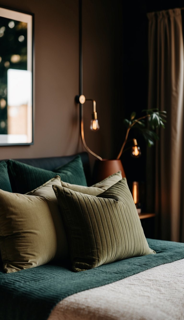 A cozy bedroom with olive green throw pillows on a bed, surrounded by dark earthy decor and warm lighting