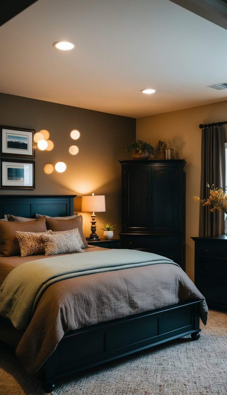 A cozy bedroom with muted earth-tone bedding, dark wooden furniture, and warm ambient lighting