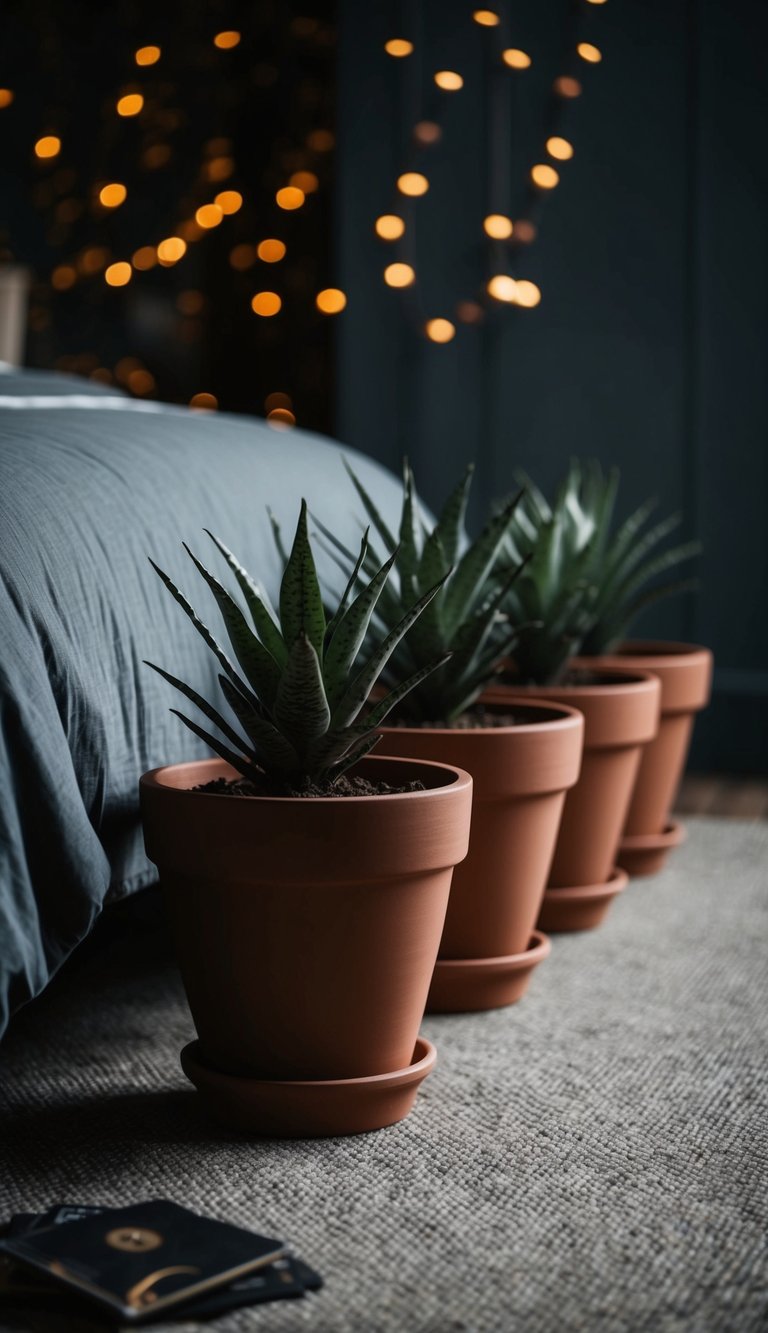 A row of terracotta planters in a dark, earthy bedroom setting