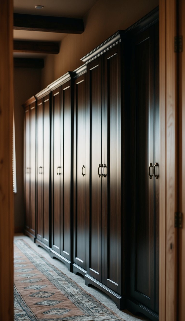 A row of dark oak wardrobes in a dimly lit, earthy style bedroom