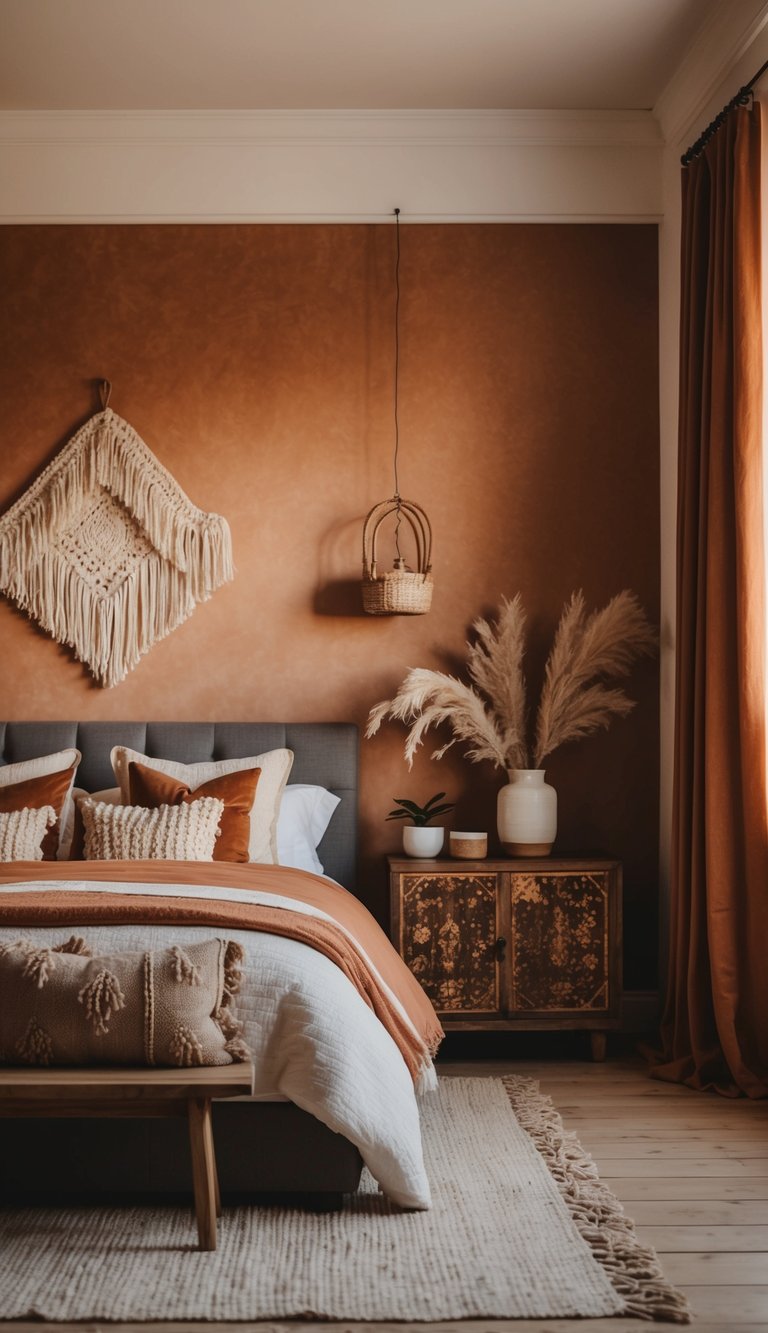 A cozy bedroom with warm, earthy tones and rustic decor