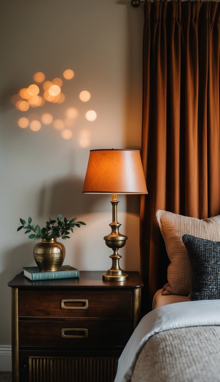 A cozy bedroom with antique brass table lamps casting warm light on dark earthy tones