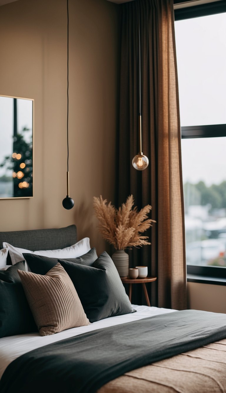 A cozy bedroom with charcoal gray bed linens, warm earthy tones, and soft lighting