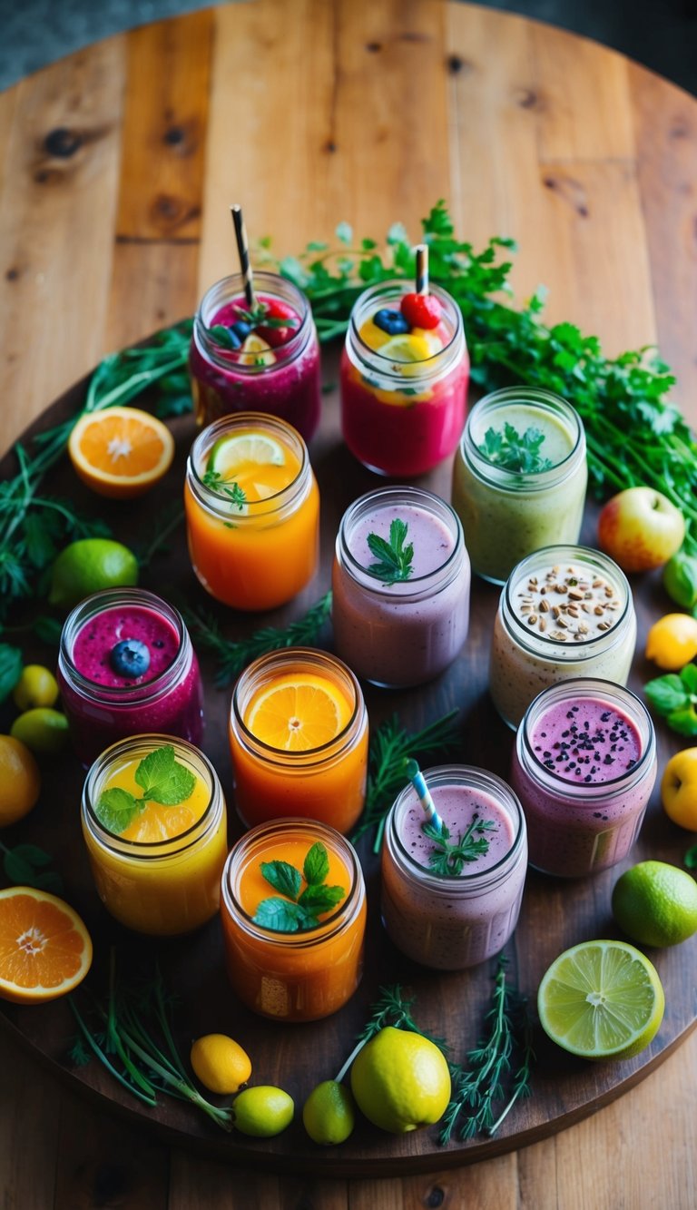 Colorful cocktails and smoothies in glass jars arranged in a circle on a wooden table, surrounded by fresh fruits and herbs