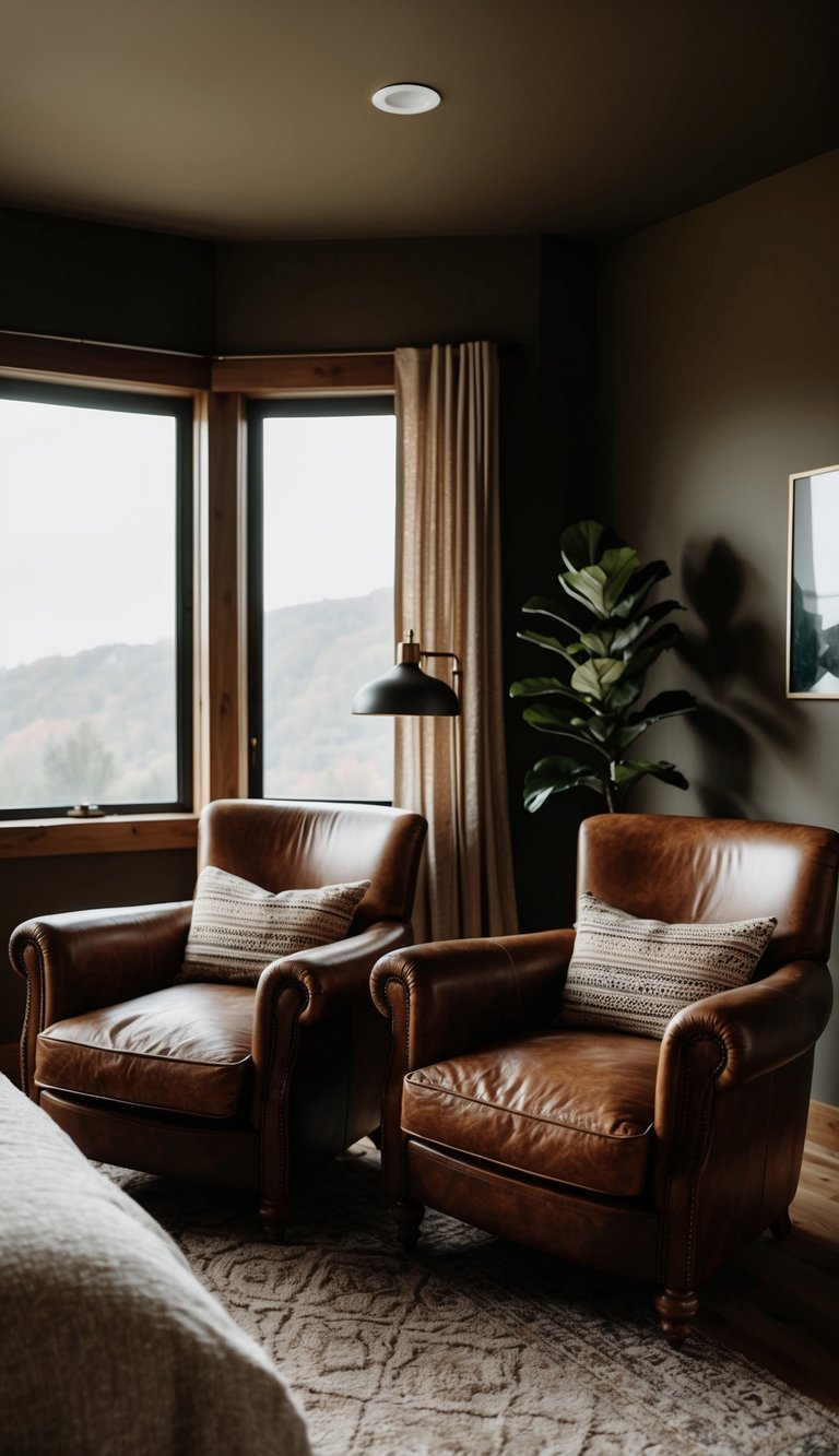 Two vintage leather armchairs in a cozy, dark and earthy styled bedroom