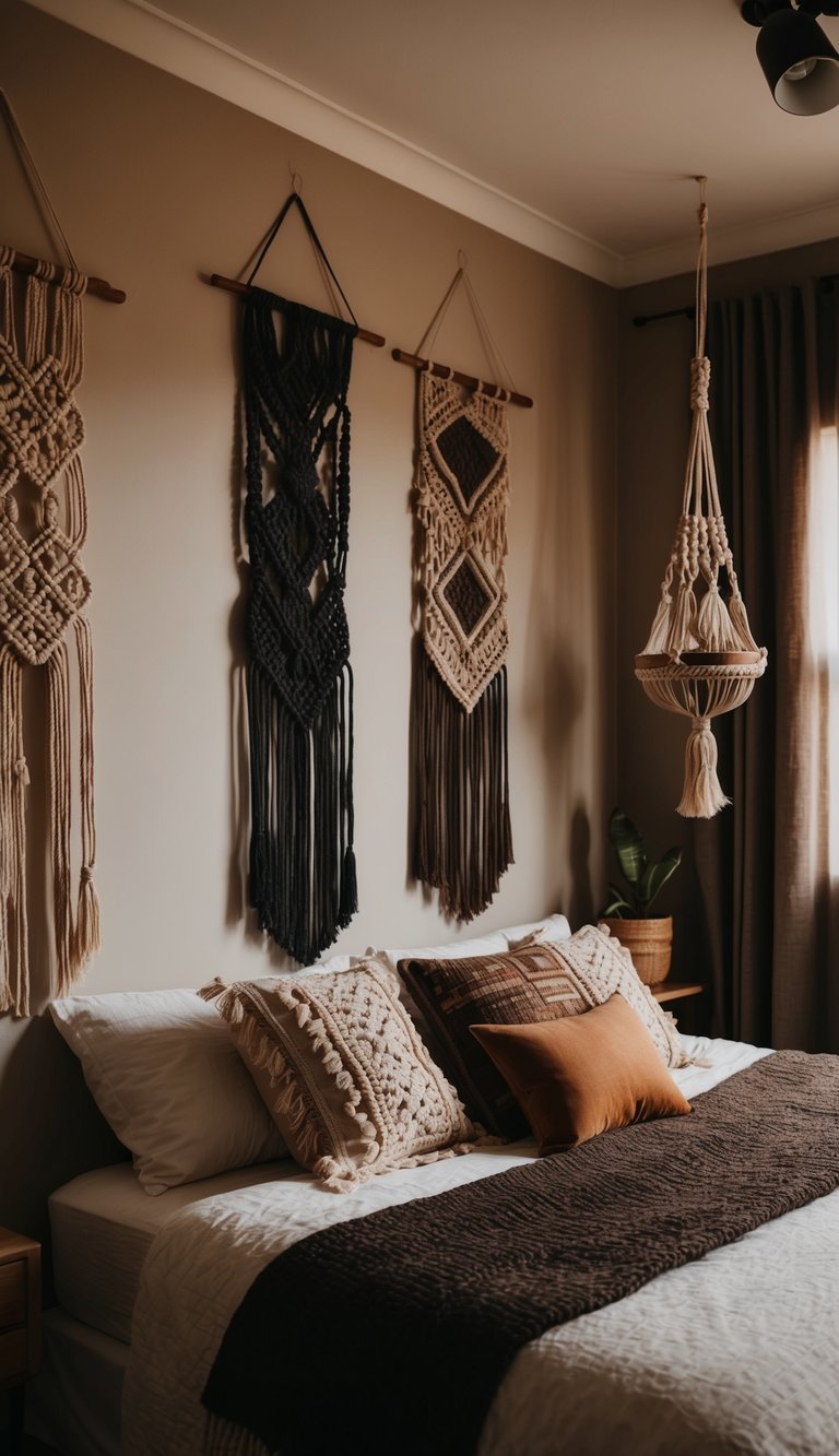 A cozy bedroom with macramé wall hangings in dark earthy tones, creating a warm and bohemian atmosphere