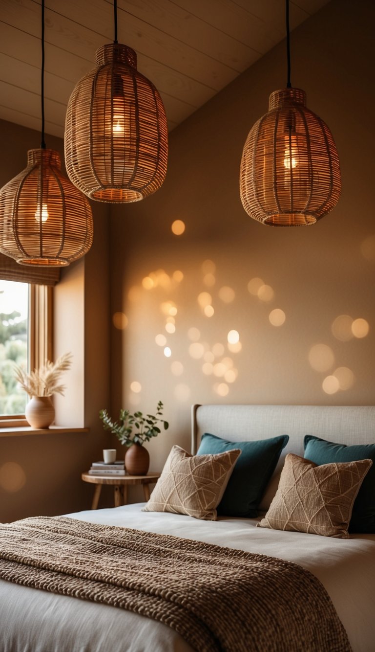 A cozy bedroom with rattan pendant lights casting warm, earthy tones throughout the space