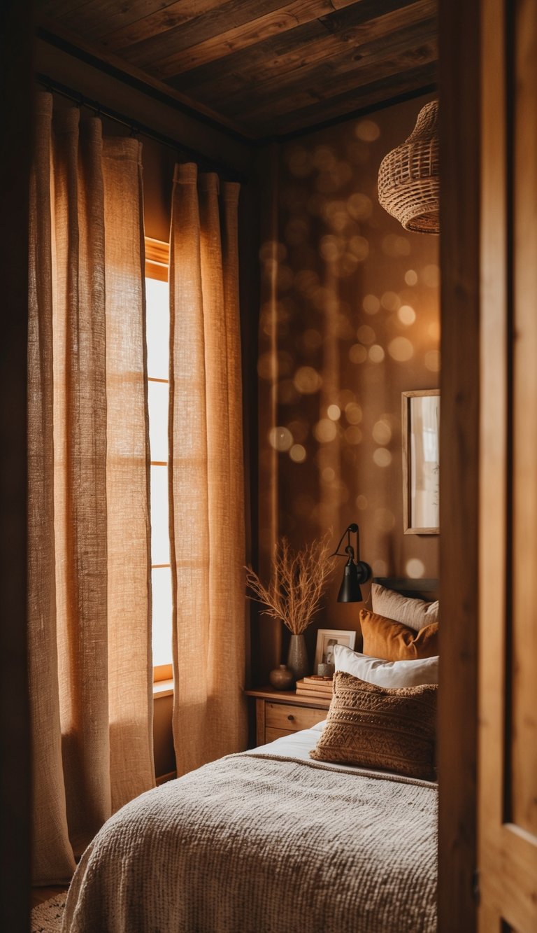 Burlap curtains frame a cozy, earth-toned bedroom with rustic decor and warm lighting