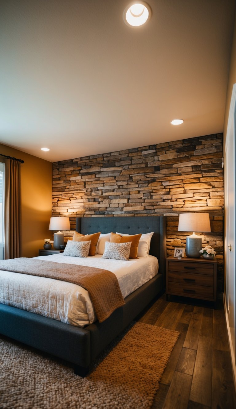 A cozy bedroom with a stone accent wall, warm earthy tones, and a tranquil atmosphere