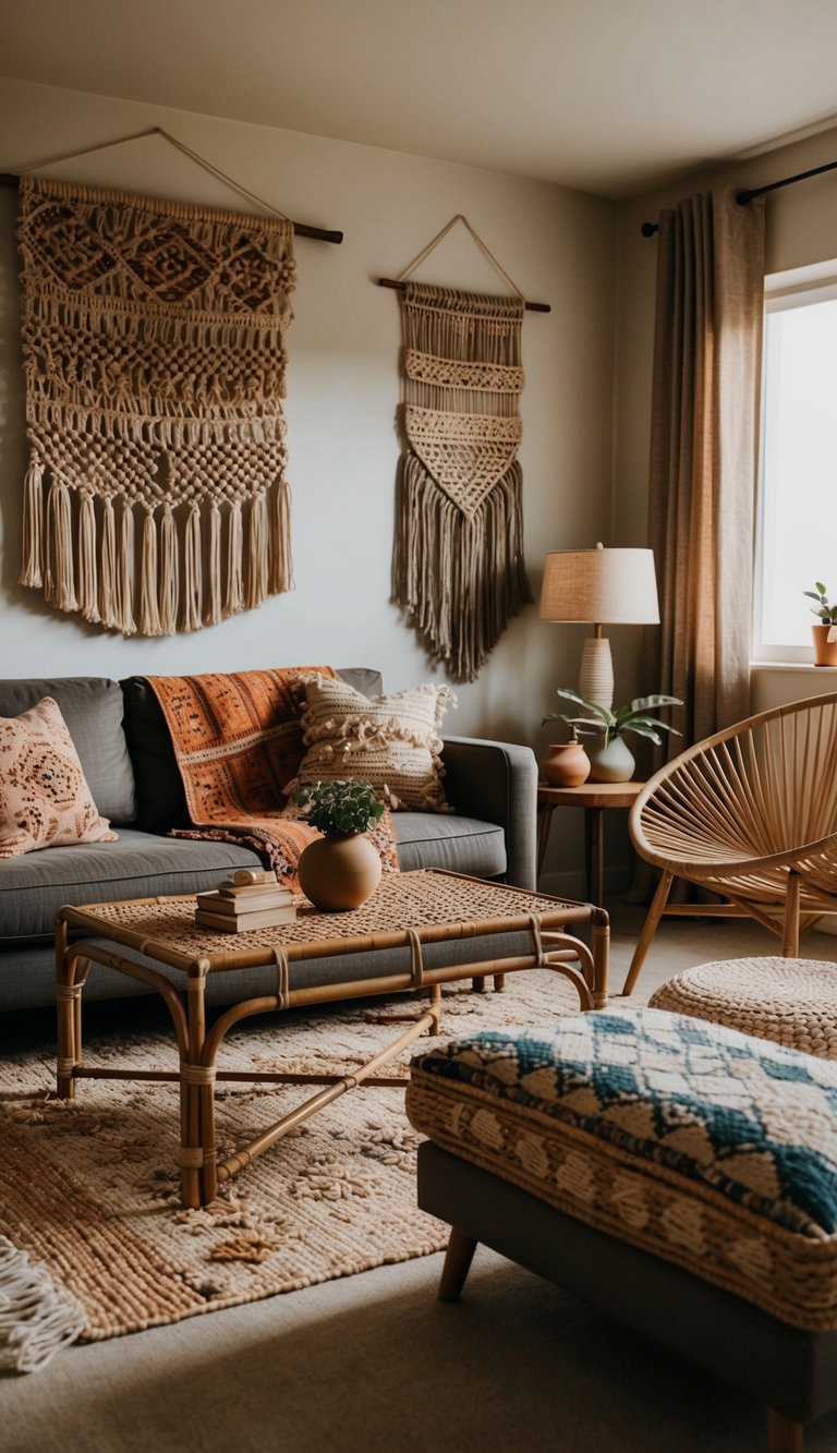 A cozy living room with warm earth tones, vintage rugs, and an assortment of patterned throw pillows and blankets. A large macrame wall hanging and a mix of potted plants complete the bohemian fall decor