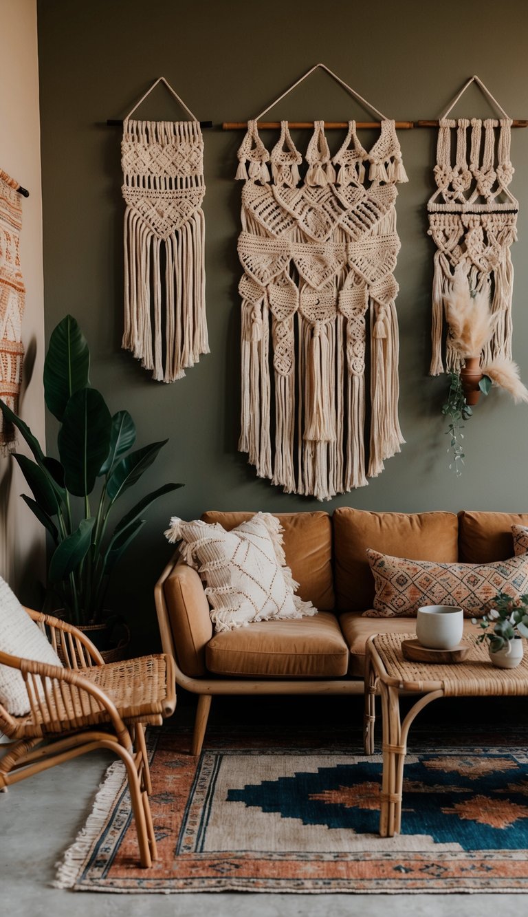 A cozy living room with earthy tones, macrame wall hangings, and layered textiles. A vintage rug, rattan furniture, and potted plants add bohemian flair