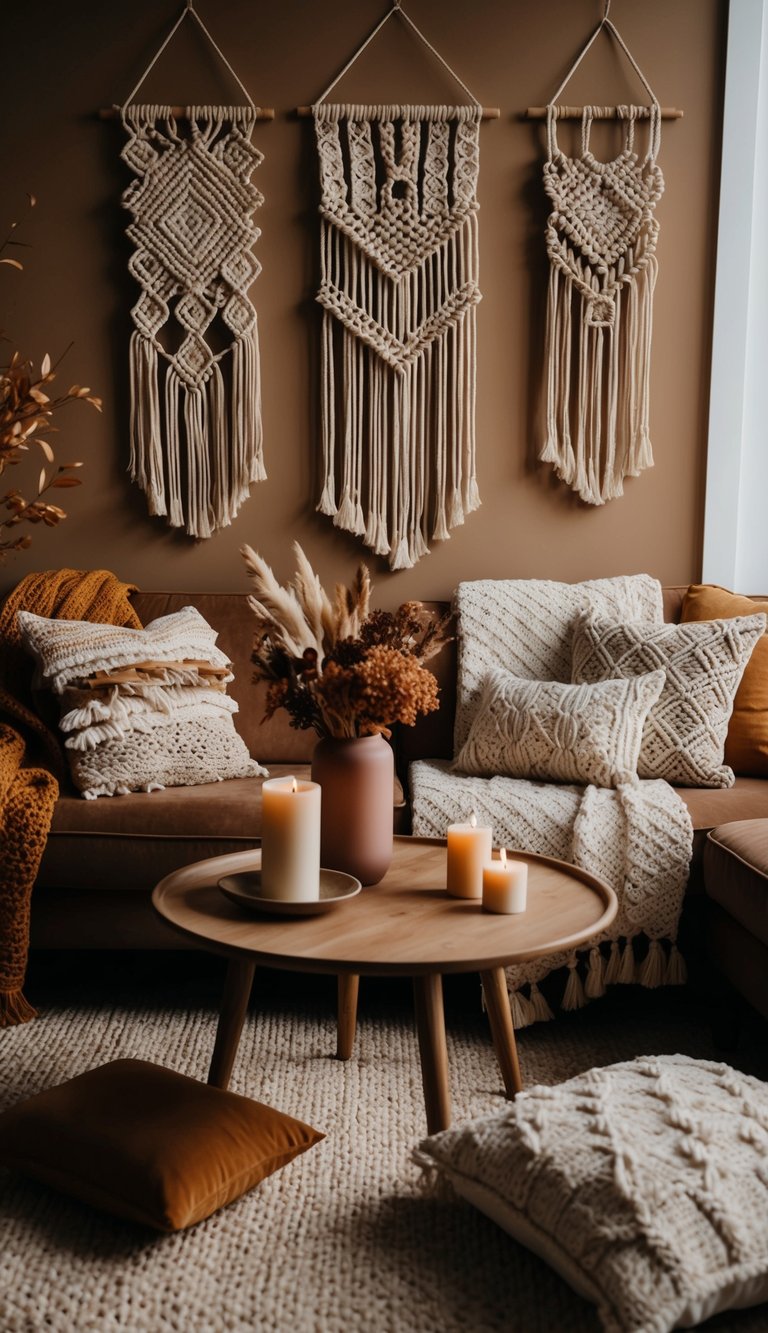 A cozy bohemian living room with warm earthy tones, macrame wall hangings, and a variety of textured throw pillows and blankets. A table adorned with dried flowers and candles completes the inviting fall atmosphere