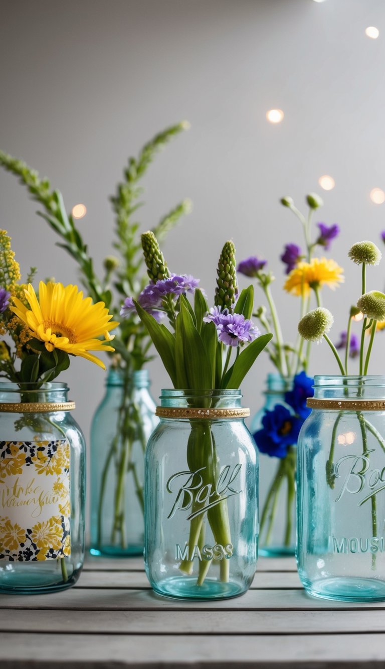 A collection of glass jars repurposed as vases, each adorned with a unique design or filled with different types of flowers