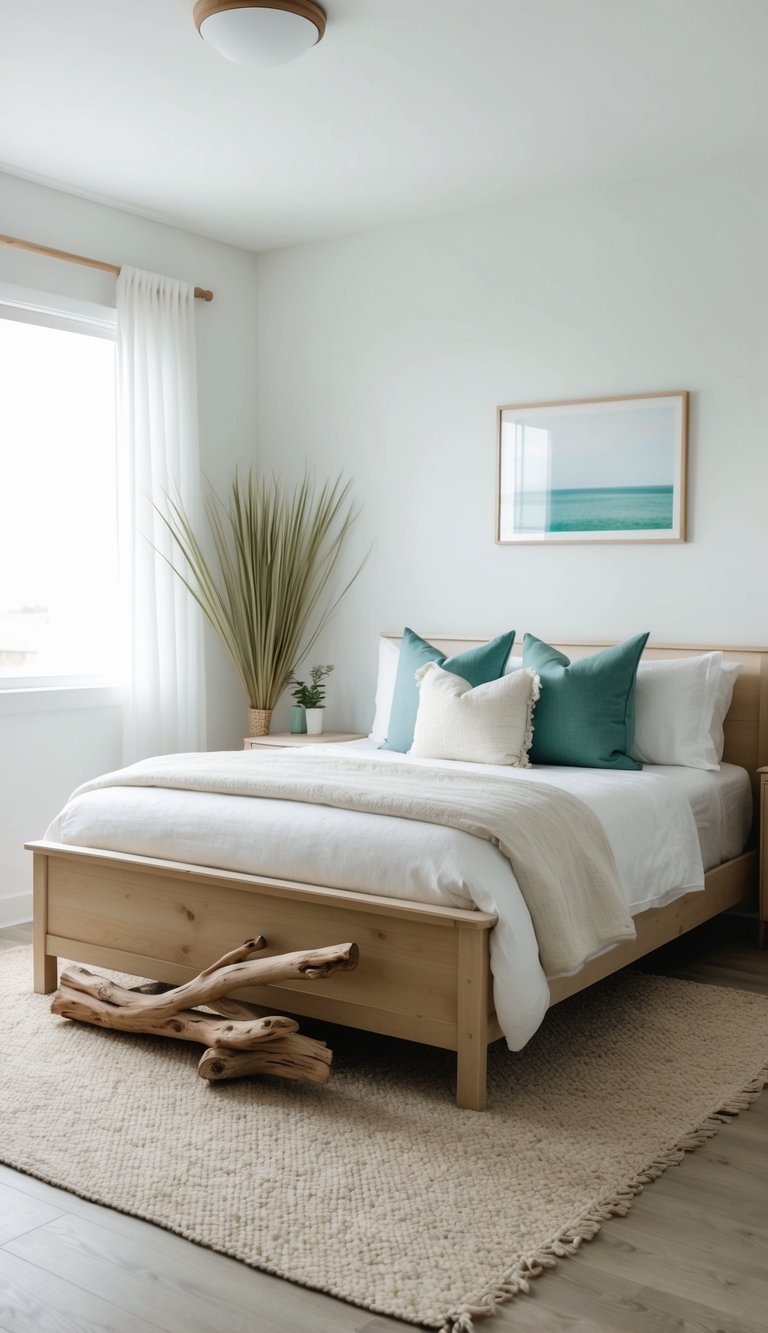 A cozy bedroom with light wood furniture, soft white linens, and simple, natural accents like driftwood, seagrass, and a few pops of blue and green