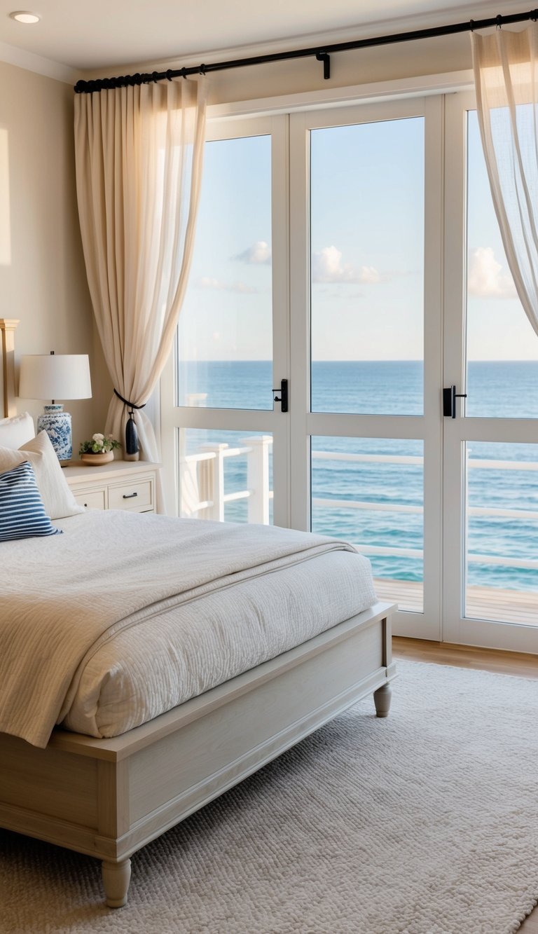 A cozy bedroom with light wood furniture, neutral colors, and nautical accents. A large window overlooks the sea, with sheer curtains billowing in the breeze