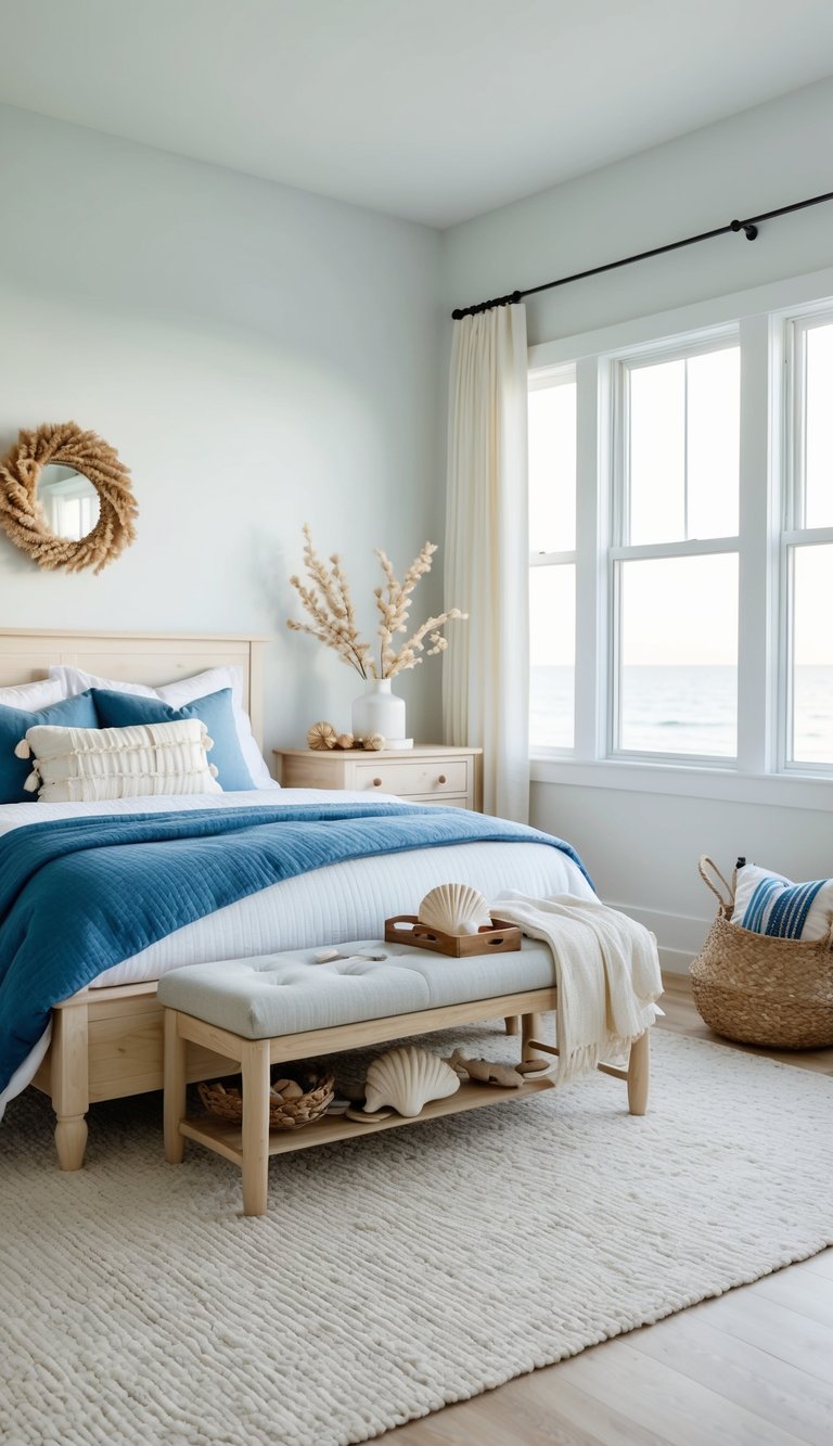 A cozy bedroom with light wood furniture, blue and white bedding, and natural accents like seashells and driftwood. Large windows let in plenty of natural light, and a soft rug adds warmth to the space