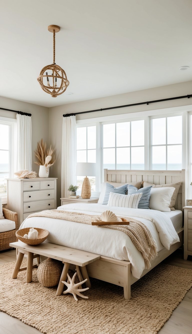 A cozy bedroom with light wood furniture, neutral tones, and nautical accents like seashells and driftwood. A large window lets in natural light, and a woven rug adds texture to the space