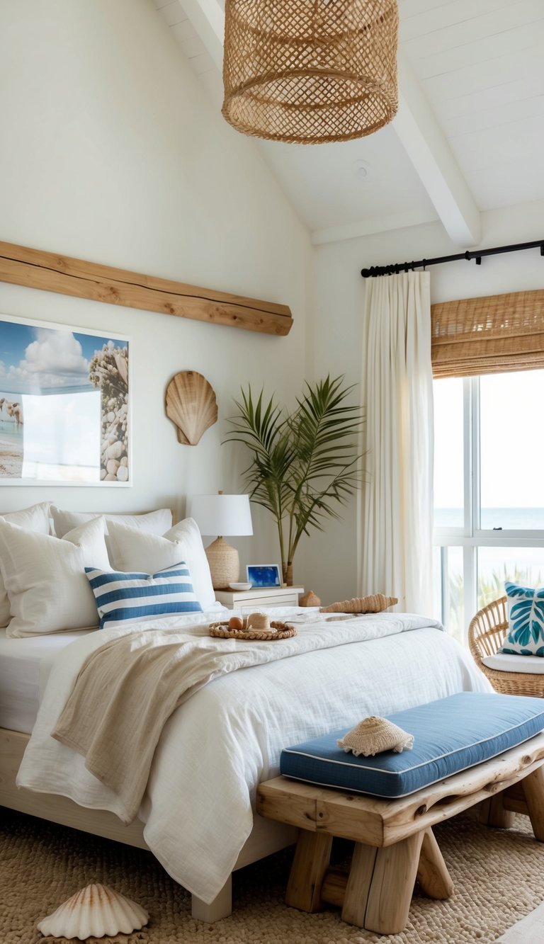 A cozy bedroom with light, airy decor, featuring natural materials like wood and linen, accented with coastal-inspired elements such as seashells, driftwood, and nautical prints